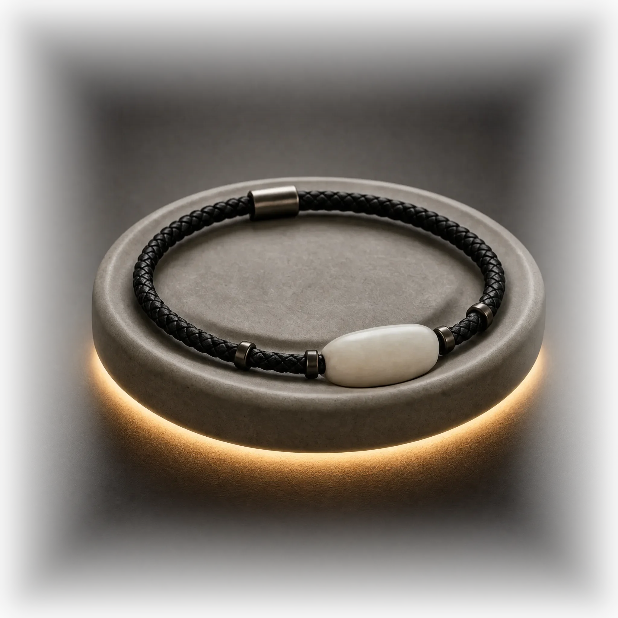 Archy Bead resting on a warm grey charging base with amber halo