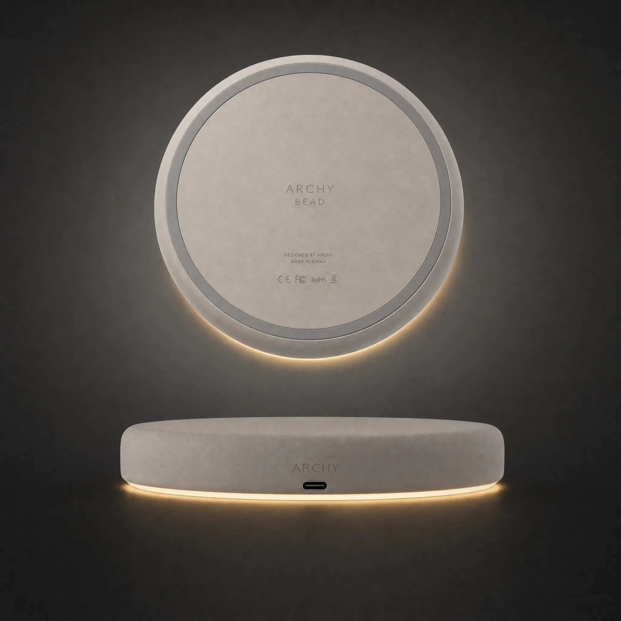 Archy Bead charging base rear render with cable, halo light, and ceramic back detail